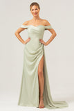 Sage Off the Shoulder Pleated Satin Bridesmaid Dress with Slit