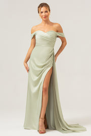 Sage Off the Shoulder Pleated Satin Bridesmaid Dress with Slit