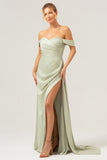 Sage Off the Shoulder Pleated Satin Bridesmaid Dress with Slit