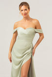 Sage Off the Shoulder Pleated Satin Bridesmaid Dress with Slit