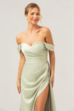 Sage Off the Shoulder Pleated Satin Bridesmaid Dress with Slit