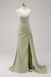 Sage One Shoulder Satin Mermaid Bridesmaid Dress with Slit