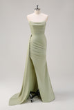 Sage Mermaid Strapless Pleated Long Bridesmaid Dress with Slit