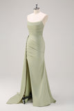 Sage Mermaid Strapless Pleated Long Bridesmaid Dress with Slit