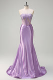 Lilac Strapless Corset Mermaid Satin Prom Dress with Beading