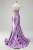 Lilac Strapless Corset Mermaid Satin Prom Dress with Beading