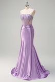 Lilac Strapless Corset Mermaid Satin Prom Dress with Beading