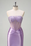 Lilac Strapless Corset Mermaid Satin Prom Dress with Beading