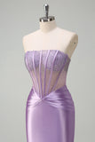 Lilac Strapless Corset Mermaid Satin Prom Dress with Beading