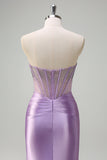 Lilac Strapless Corset Mermaid Satin Prom Dress with Beading