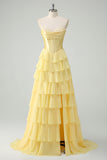 Yellow Sweetheart Corset Tiered A-Line Prom Dress with Slit