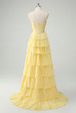 Yellow Sweetheart Corset Tiered A-Line Prom Dress with Slit