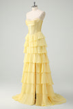 Yellow Sweetheart Corset Tiered A-Line Prom Dress with Slit