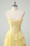 Yellow Sweetheart Corset Tiered A-Line Prom Dress with Slit