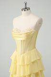 Yellow Sweetheart Corset Tiered A-Line Prom Dress with Slit