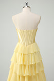 Yellow Sweetheart Corset Tiered A-Line Prom Dress with Slit