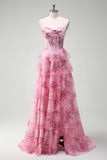 Blush Strapless Floral A-Line Tiered Prom Dress with Slit