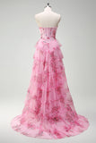 Blush Strapless Floral A-Line Tiered Prom Dress with Slit