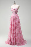 Blush Strapless Floral A-Line Tiered Prom Dress with Slit