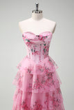 Blush Strapless Floral A-Line Tiered Prom Dress with Slit