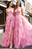 Blush Strapless Sweetheart Floral A-Line Tiered Prom Dress with Slit