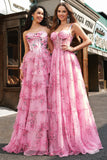 Blush Strapless Sweetheart Floral A-Line Tiered Prom Dress with Slit