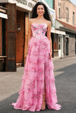 Blush Strapless Sweetheart Floral A-Line Tiered Prom Dress with Slit