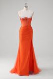 Orange Spaghetti Straps Beaded Mermaid Prom Dress with Slit