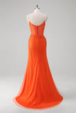 Orange Spaghetti Straps Beaded Mermaid Prom Dress with Slit