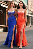 Royal Blue Spaghetti Straps Corset Beaded Mermaid Prom Dress with Slit