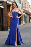 Royal Blue Spaghetti Straps Corset Beaded Mermaid Prom Dress with Slit