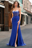 Royal Blue Spaghetti Straps Corset Beaded Mermaid Prom Dress with Slit