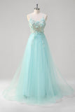 Green Applique Sequined Tulle A-Line Prom Dress