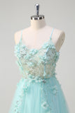 Green Applique Sequined Tulle A-Line Prom Dress