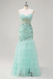 Green Strapless Mermaid Corset Applique Tulle Prom Dress with Sequins