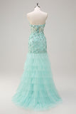 Green Strapless Mermaid Corset Applique Tulle Prom Dress with Sequins