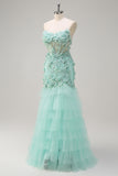 Green Strapless Mermaid Corset Applique Tulle Prom Dress with Sequins