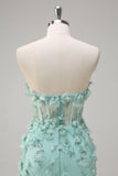 Green Strapless Mermaid Corset Applique Tulle Prom Dress with Sequins