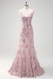 Sparkly Grey Pink V-Neck Tulle Mermaid Sequined Prom Dress