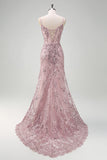 Sparkly Grey Pink V-Neck Tulle Mermaid Sequined Prom Dress