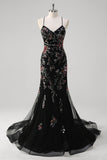 Black Spaghetti Straps Sequined Tulle Floral Mermaid Prom Dress