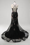 Black Spaghetti Straps Sequined Tulle Floral Mermaid Prom Dress