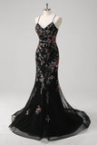 Black Spaghetti Straps Sequined Tulle Floral Mermaid Prom Dress