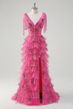 Fuchsia V-Neck Beaded Tiered Floral Prom Dress with Slit