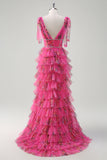 Fuchsia V-Neck Beaded Tiered Floral Prom Dress with Slit