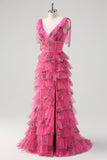 Fuchsia V-Neck Beaded Tiered Floral Prom Dress with Slit