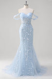 Corset Applique Blue Off the Shoulder Mermaid Prom Dress with Beading