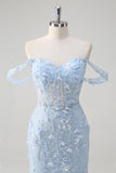 Blue Off the Shoulder Corset Applique Mermaid Prom Dress with Sequins