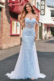 Corset Applique Blue Off the Shoulder Mermaid Prom Dress with Beading