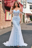 Corset Applique Blue Off the Shoulder Mermaid Prom Dress with Beading